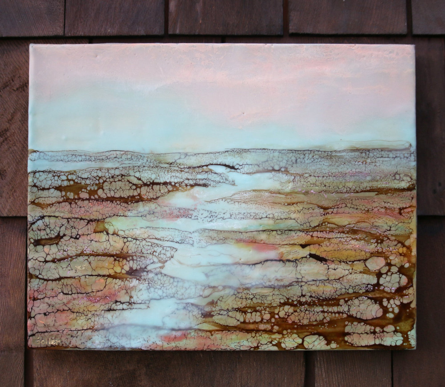 Prints available, original ***SOLD*** Carrie Goller - Hood Canal Glow, encaustic 11x14