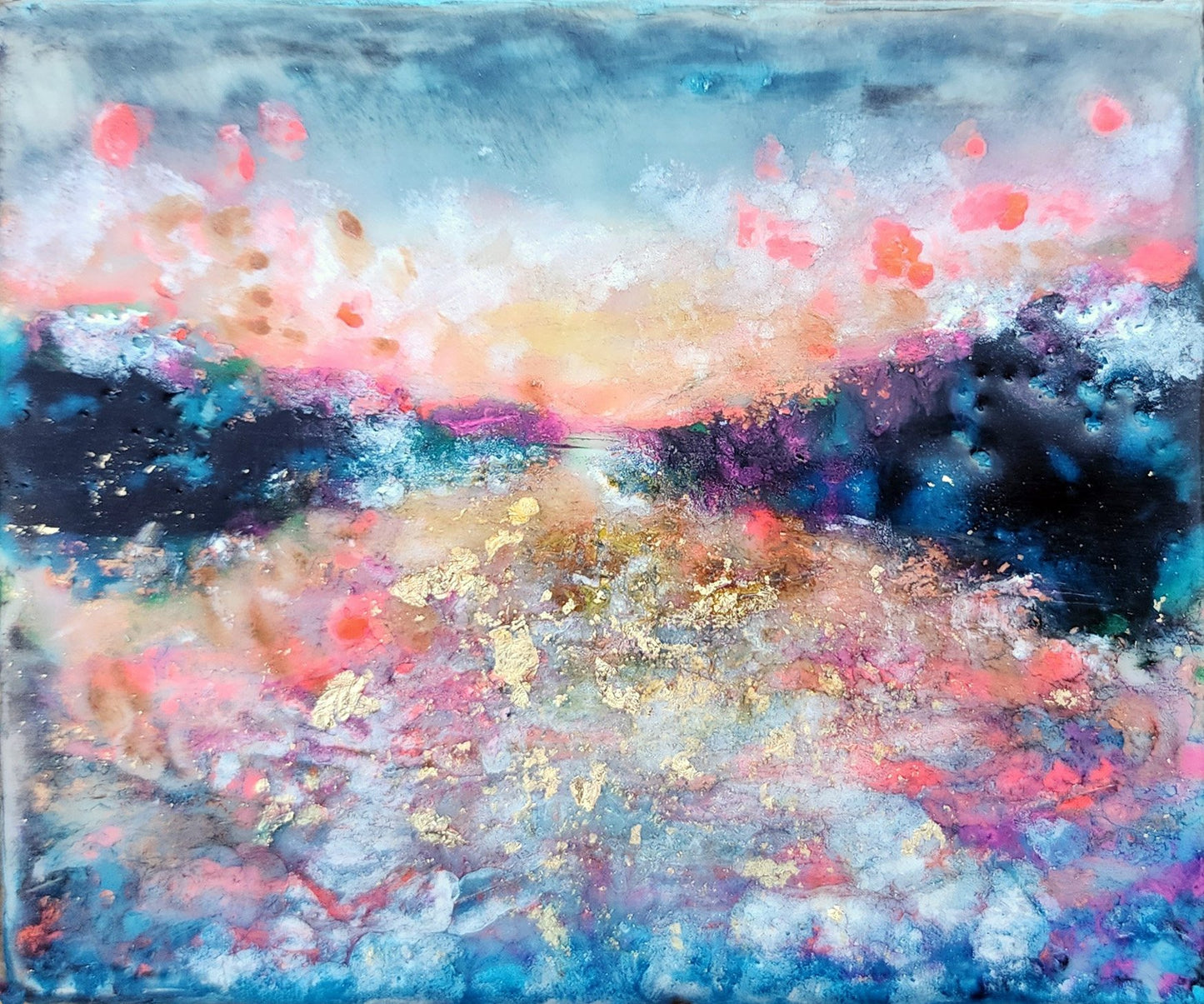 **SOLD** Carrie Goller - Hood Canal Mood IV, Encaustic/Gold Leaf 3.5x3.75