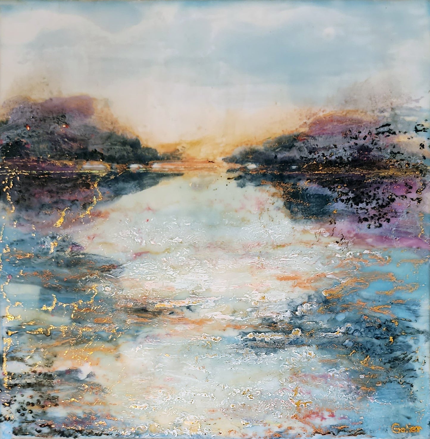 ***SOLD*** Carrie Goller - Hood Canal Sunrise II, Encaustic/Gold leaf 8X8