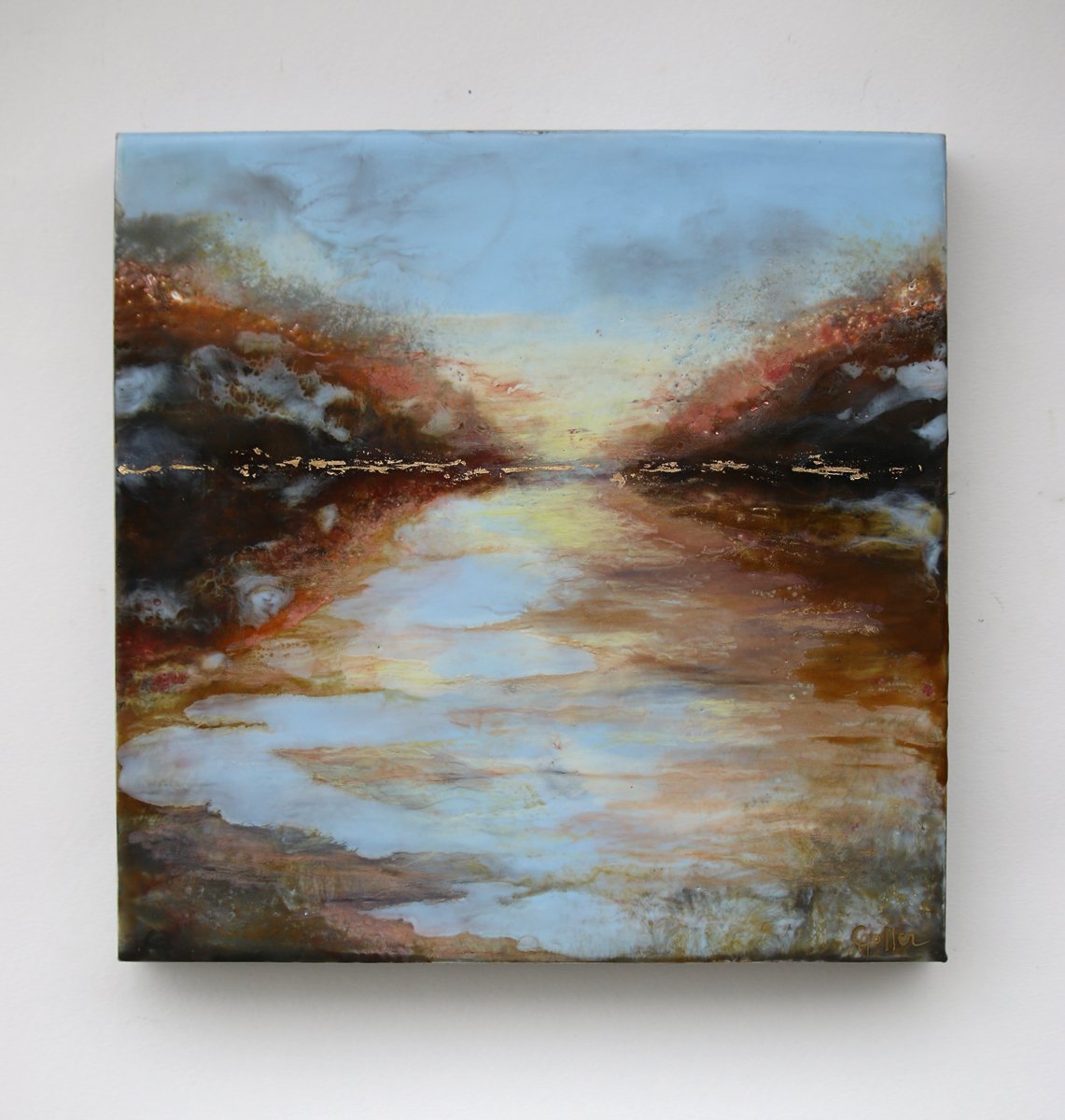 Prints available, original ***SOLD*** Carrie Goller - Hood Canal Sunrise III, encaustic/mixed media 10x10