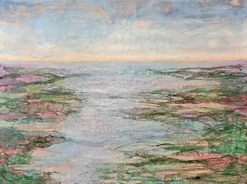 Prints available, original ***SOLD*** Carrie Goller - Hood Canal Sunrise, 30x40, encaustic/mixed media