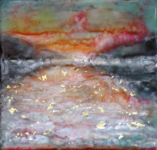 ***SOLD*** Carrie Goller - Hood Canal Sunset XII, encaustic/mixed media 3.5x3.5