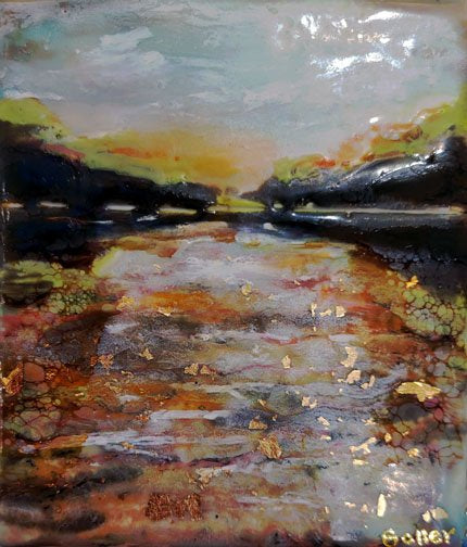 *(**SOLD*** Carrie Goller - Hood Canal Sunset XIII, encaustic/mixed media 5.5x4.5