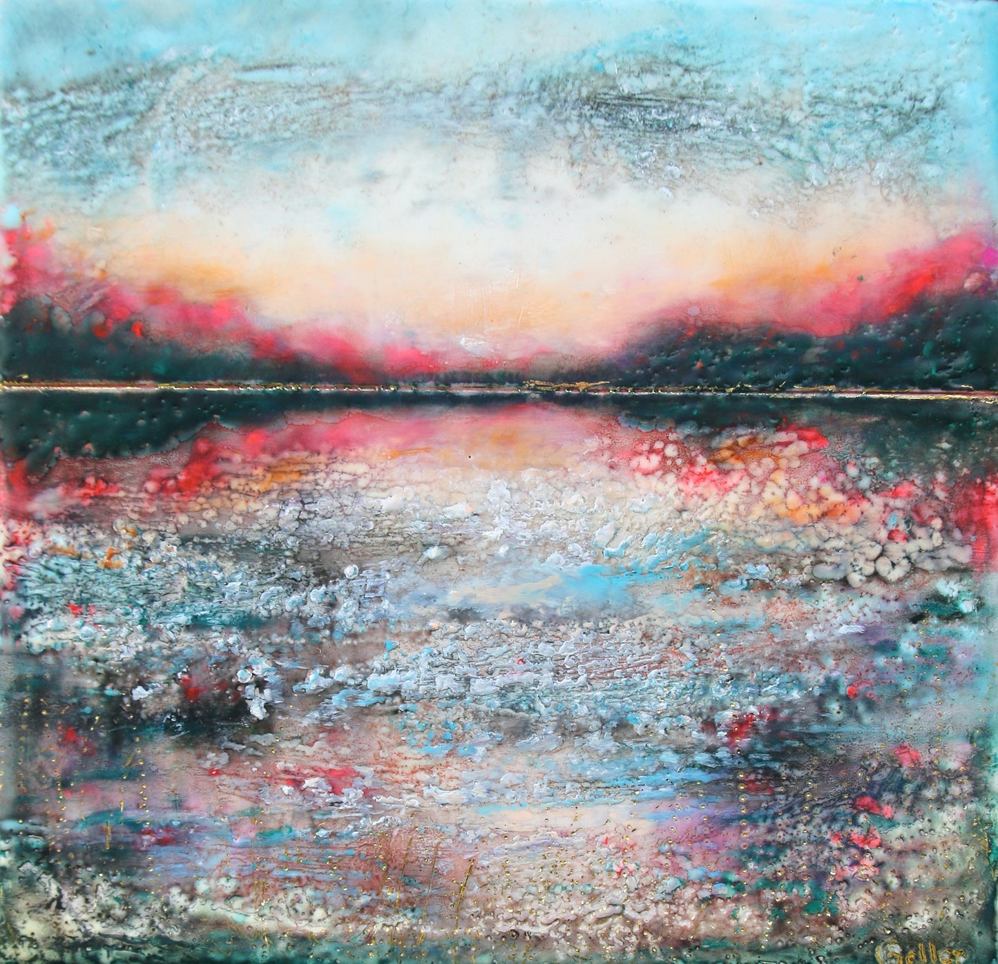 Prints available, original ***SOLD*** Carrie Goller - Hood Canal Sunset XIV, encaustic/mixed media 9x9