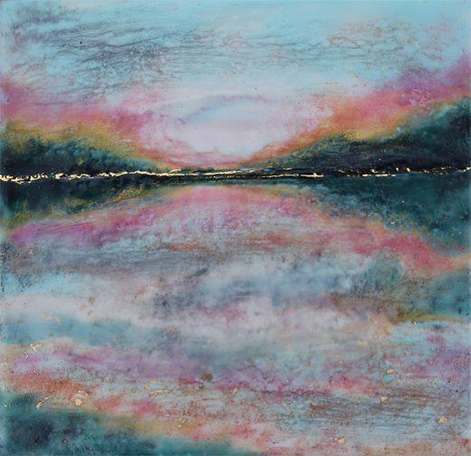 Prints available, original ***SOLD*** Carrie Goller - Hood Canal Sunset XV, encaustic/mixed media 9x9