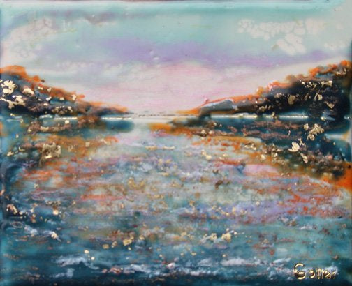 ***SOLD*** Carrie Goller - Hood Canal Sunset, encaustic/mixed media 4.5x5.5