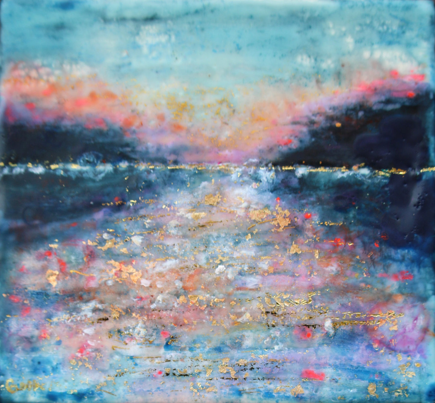 Prints available, original ***SOLD*** Carrie Goller -  Hood Canal Sunset VIII, encaustic/mixed media 6.5x7.5
