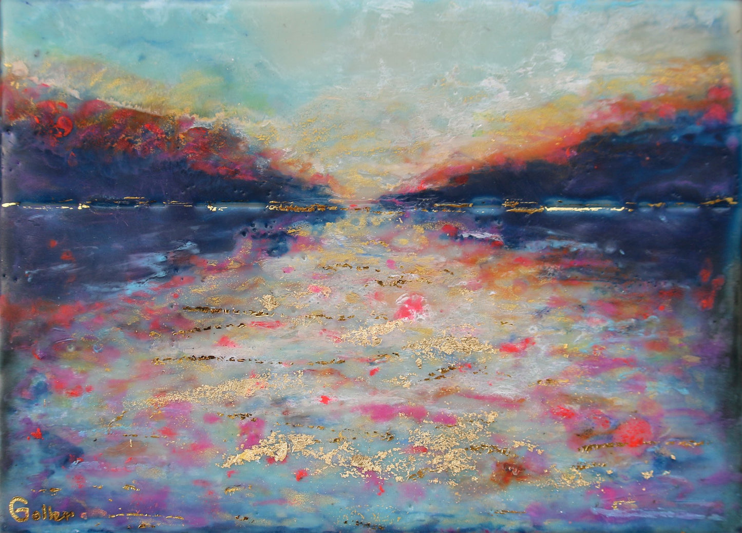 ***SOLD*** Carrie Goller - Hood Canal Sunset IX, encaustic/mixed media 5x7