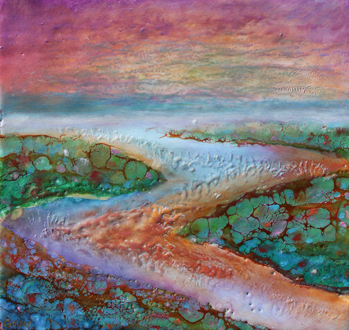 Prints available, original ***SOLD*** Carrie Goller - Hood Canal Sunset III, encaustic/mixed media 10.5x11