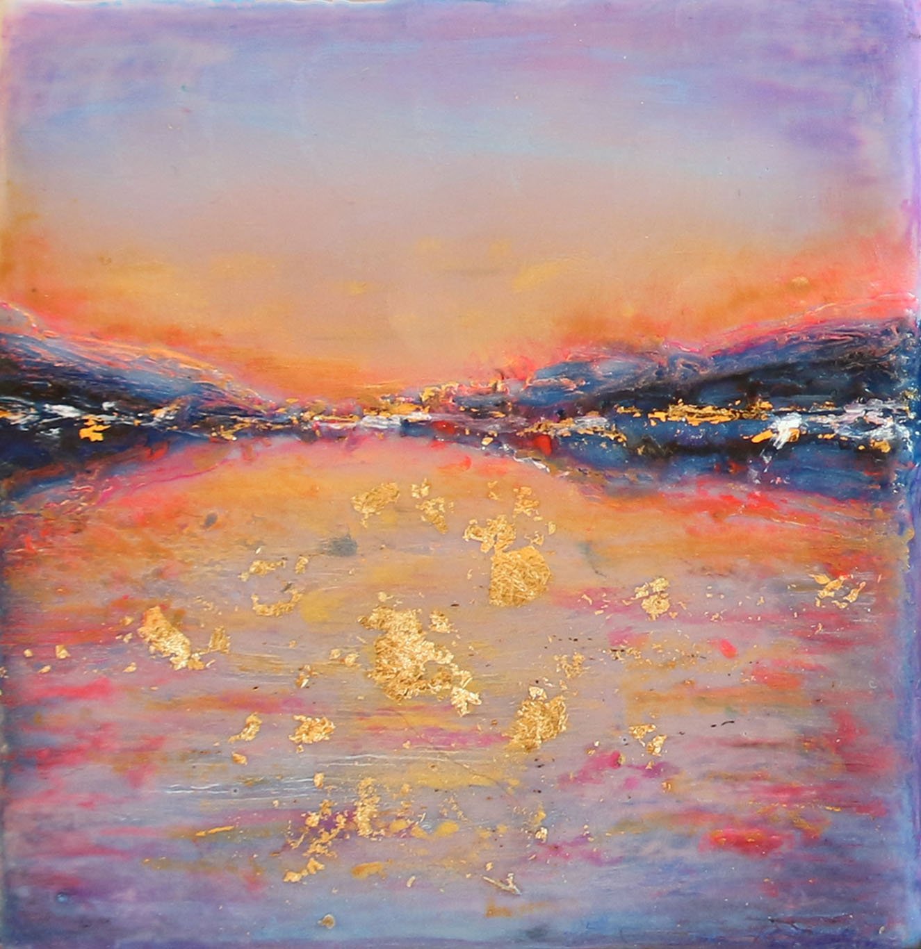***SOLD*** Carrie Goller - Hood Canal Sunset Study iv, encaustic/mixed media 3.5x3.5