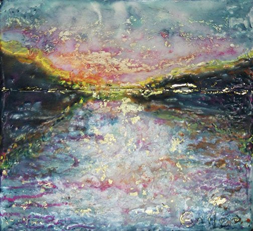 Prints available, original ***SOLD*** Carrie Goller - Hood Canal Sunset X, encaustic/mixed media 3.5x3.5