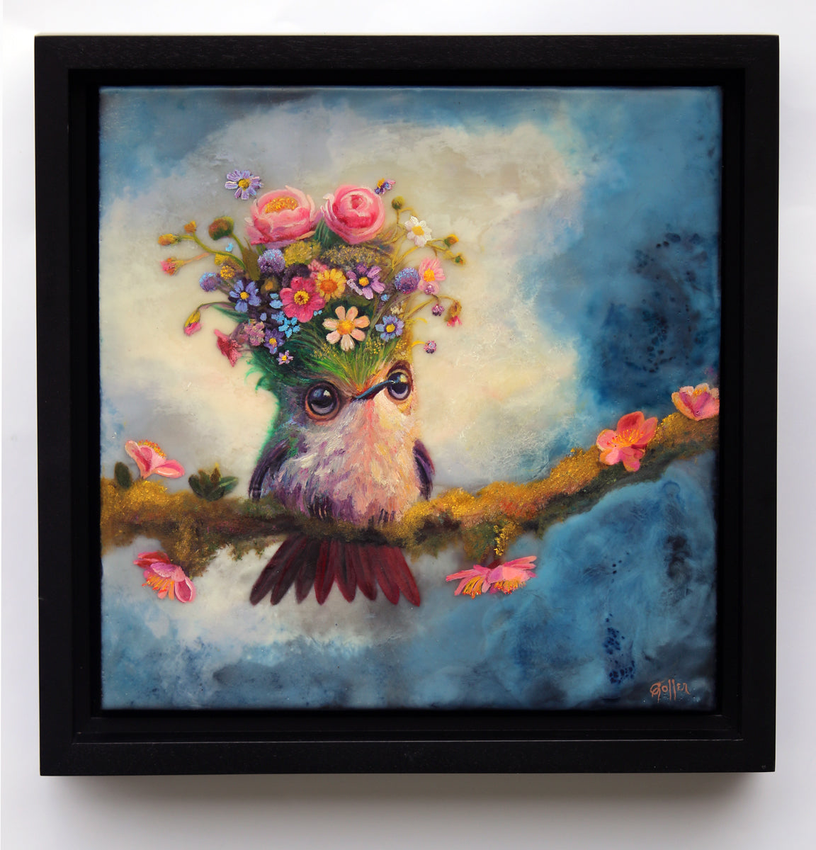 Prints available, original ***SOLD*** CARRIE GOLLER - Hope (Floriferous "Bouffant" Collection, Hummingbird), Mixed Media - oil/encaustic 8x8 ***At Rehs Contemporary Galleries, NYC, please inquire at (212) 355-5710***