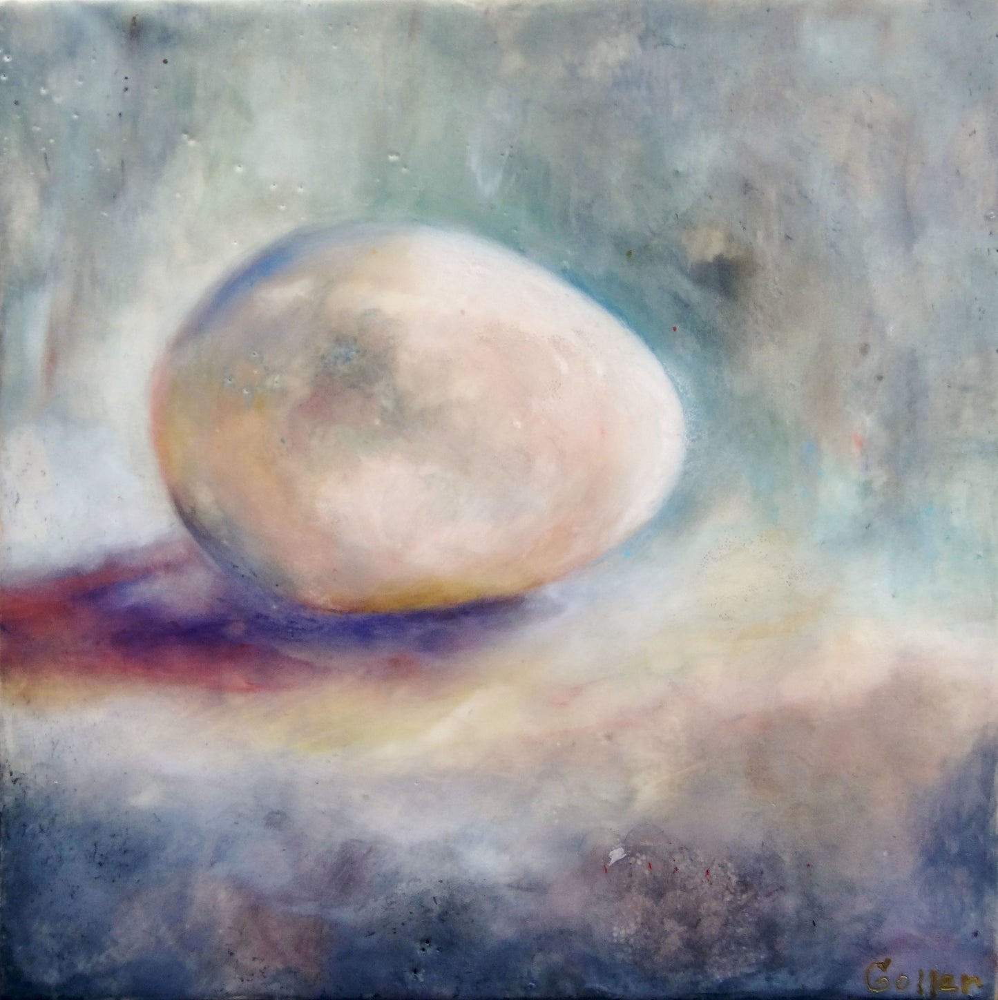***SOLD*** Huevo - Encaustic 10x10 on wood panel, still life painting of solitary egg