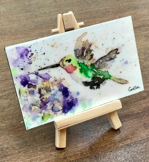 ***SOLD***Carrie Goller - Hummingbird and Purple Flowers, miniature encaustic giclee print with gold leaf, 3 x 4.75