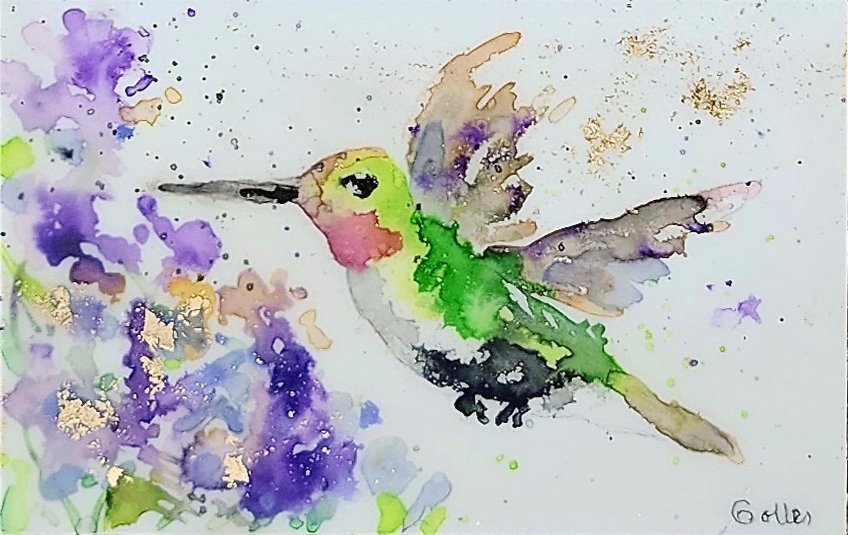 ***SOLD***Carrie Goller - Original Green Hummingbird with Flowers Miniature Painting 3 x 4.75 - Encaustic/Watercolor/Gold Leaf