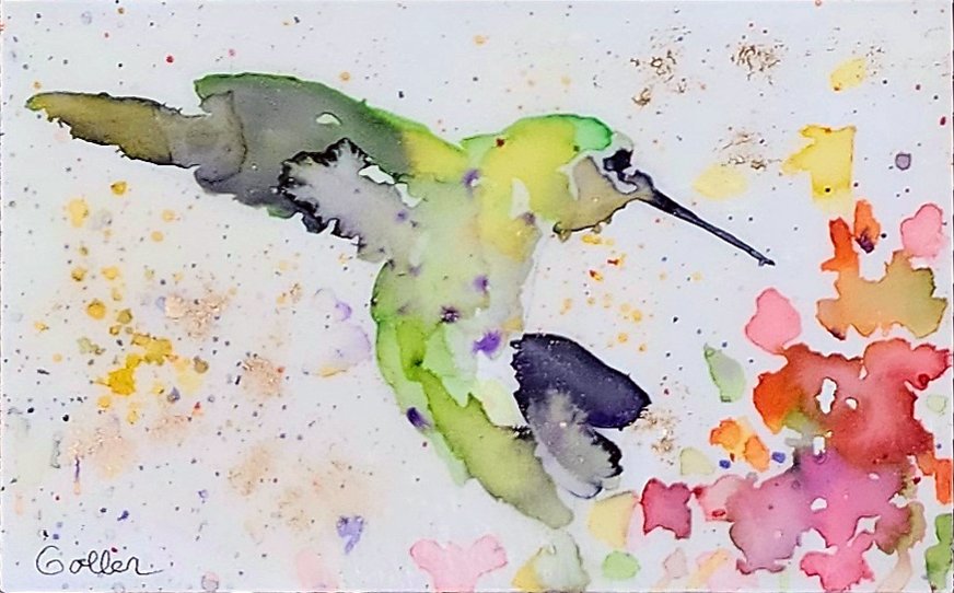 ***SOLD***Carrie Goller - Original Green Hummingbird with Flowers Miniature Painting 3 x 4.75 - Encaustic/Watercolor/Gold Leaf