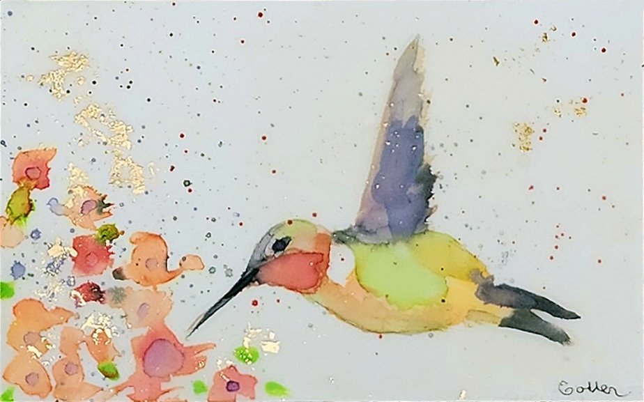 ***SOLD***Carrie Goller - Original Yellow Hummingbird with Flowers Miniature Painting 3 x 4.75 - Encaustic/Watercolor/Gold Leaf