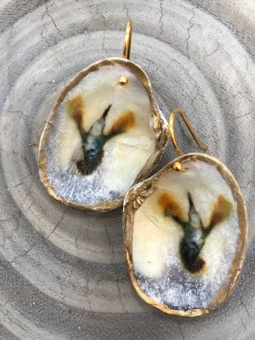 ***SOLD***Hood Canal Seashell Earrings - Hummingbird- 18k Gold Trim - Carrie Goller