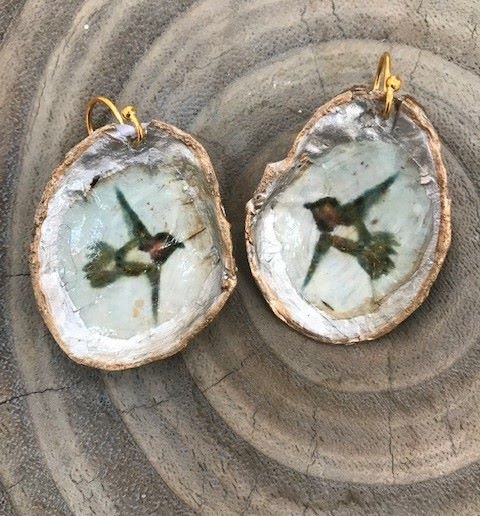 ***SOLD***Hood Canal Seashell Earrings - Hummingbird- 18k Gold Trim - Carrie Goller