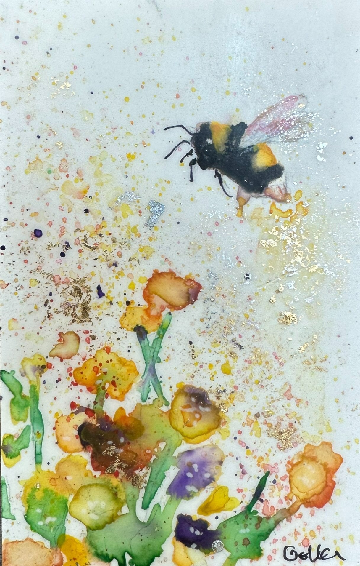 ***SOLD*** Carrie Goller - Original Bee with Yellow Flowers Miniature Painting 3 x 4.75 - Encaustic/Watercolor/Gold Leaf