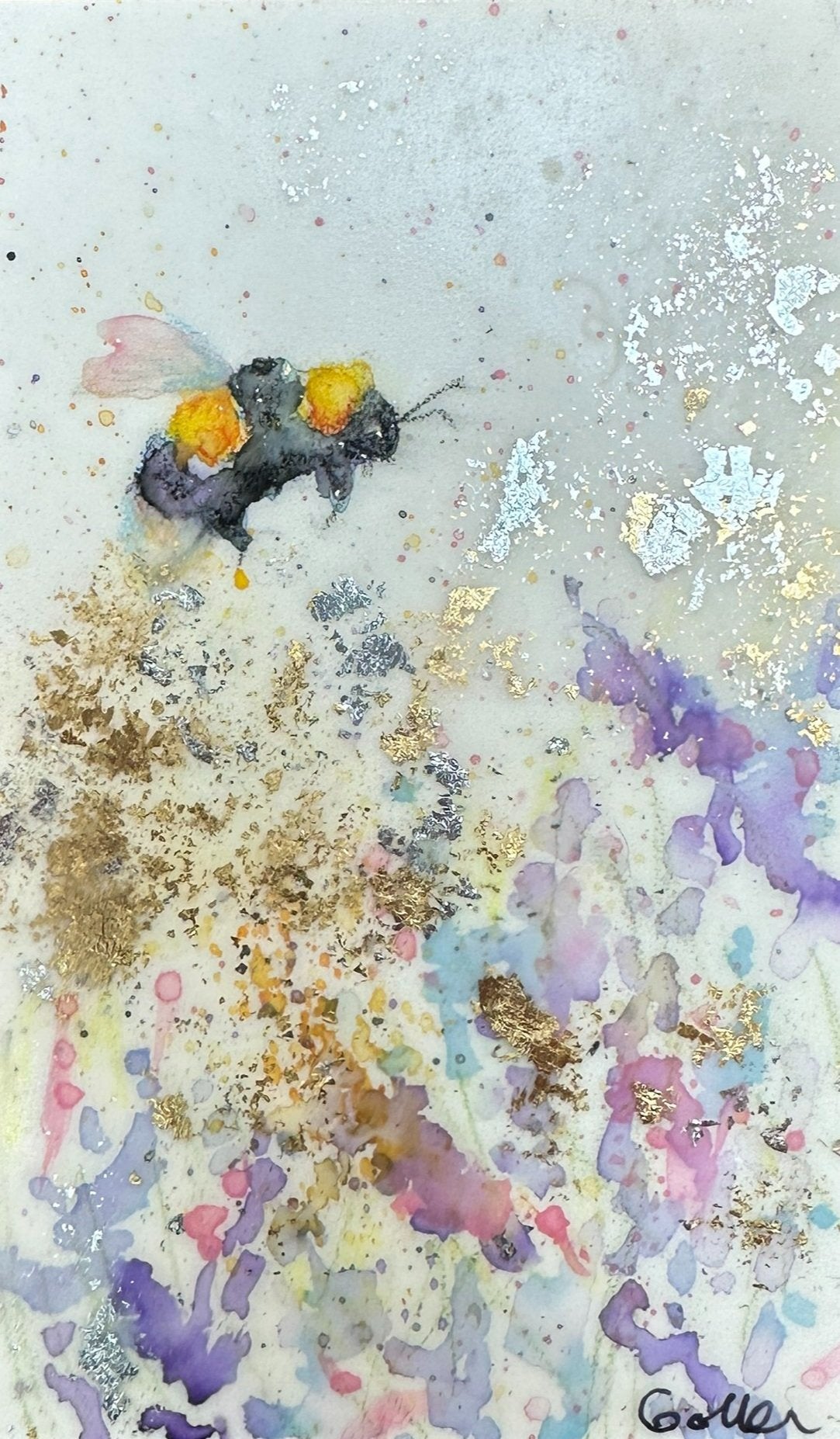 **SOLD*** Carrie Goller - Original Bee with Purple Flowers Miniature Painting 3 x 4.75 - Encaustic/Watercolor/Gold Leaf