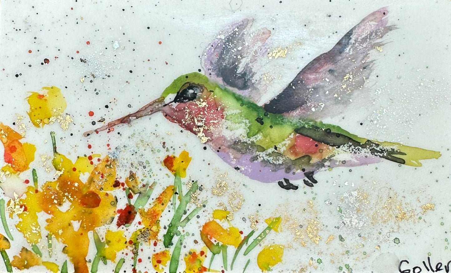 ***SOLD*** Carrie Goller - Original Green & Purple Hummingbird with Flowers Miniature Painting 3 x 4.75 - Encaustic/Watercolor/Gold Leaf