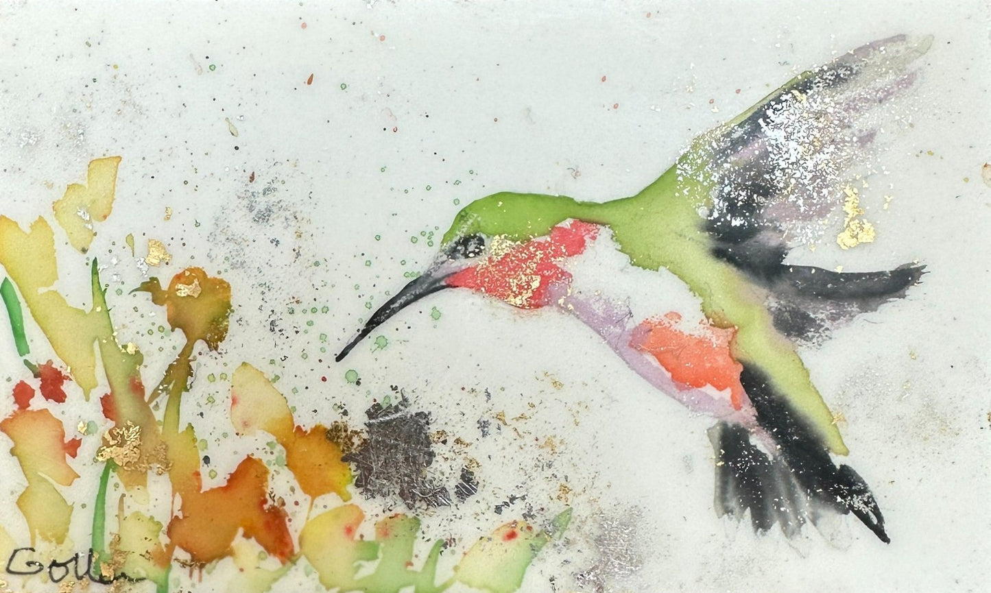 ***SOLD***Carrie Goller - Original Green & Red Hummingbird with Flowers Miniature Painting 3 x 4.75 - Encaustic/Watercolor/Gold Leaf