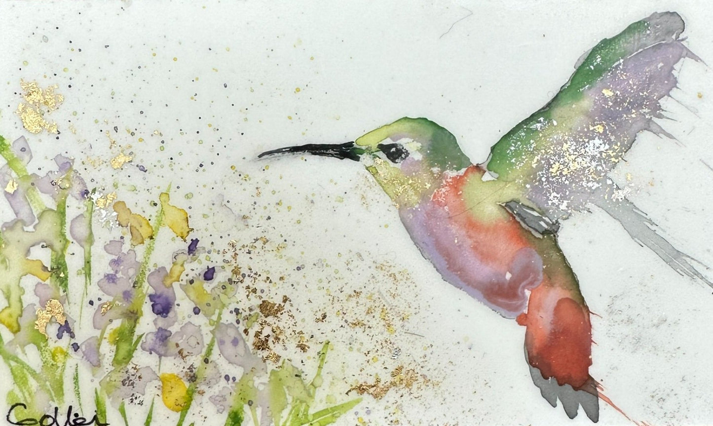 ***SOLD*** Carrie Goller - Original Green, Purple, and Red Hummingbird with Flowers Miniature Painting 3 x 4.75 - Encaustic/Watercolor/Gold Leaf