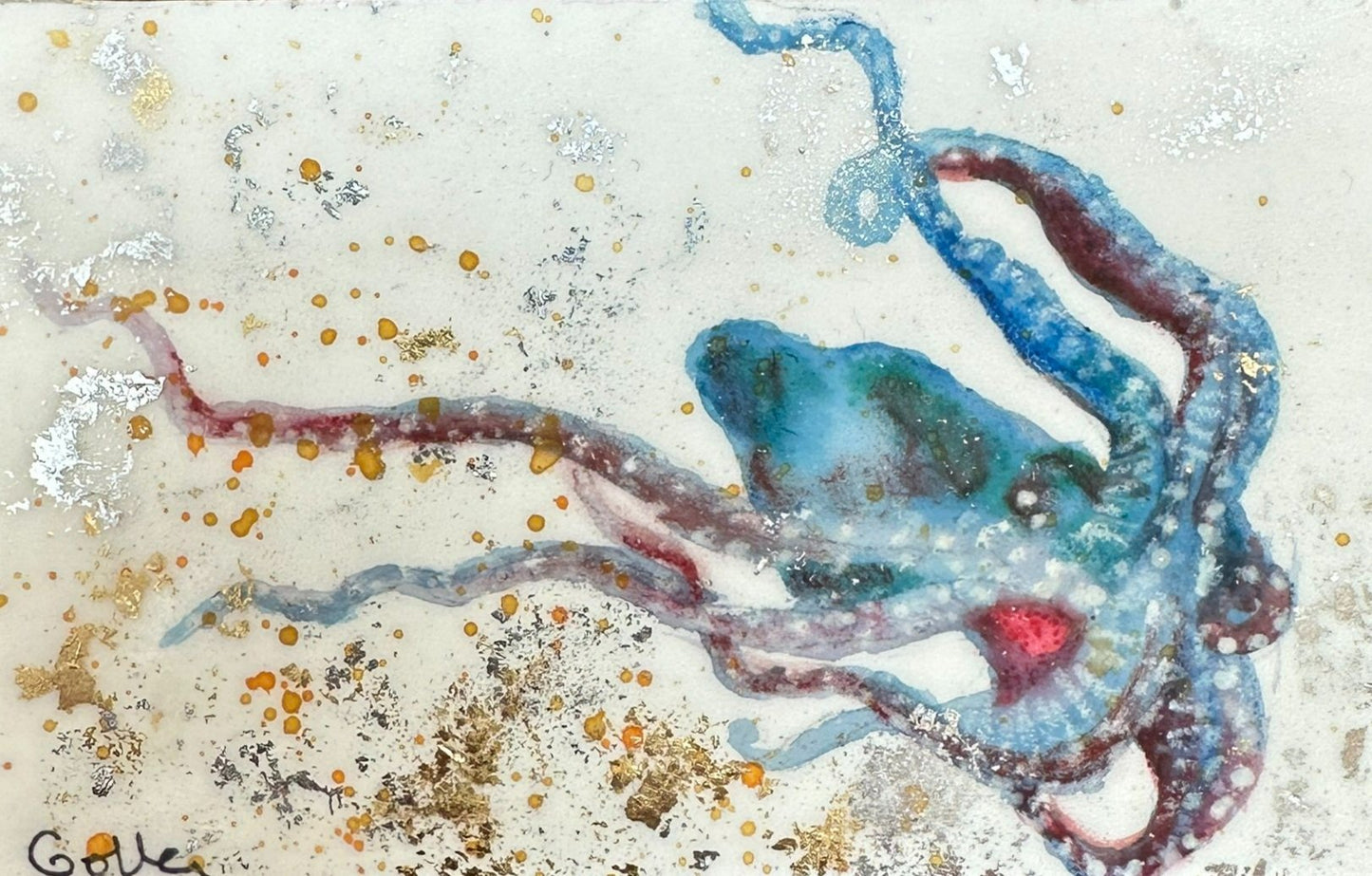 ***SOLD*** Carrie Goller - Original Octopus Miniature Painting 3 x 4.75 - Encaustic/Watercolor/Gold Leaf