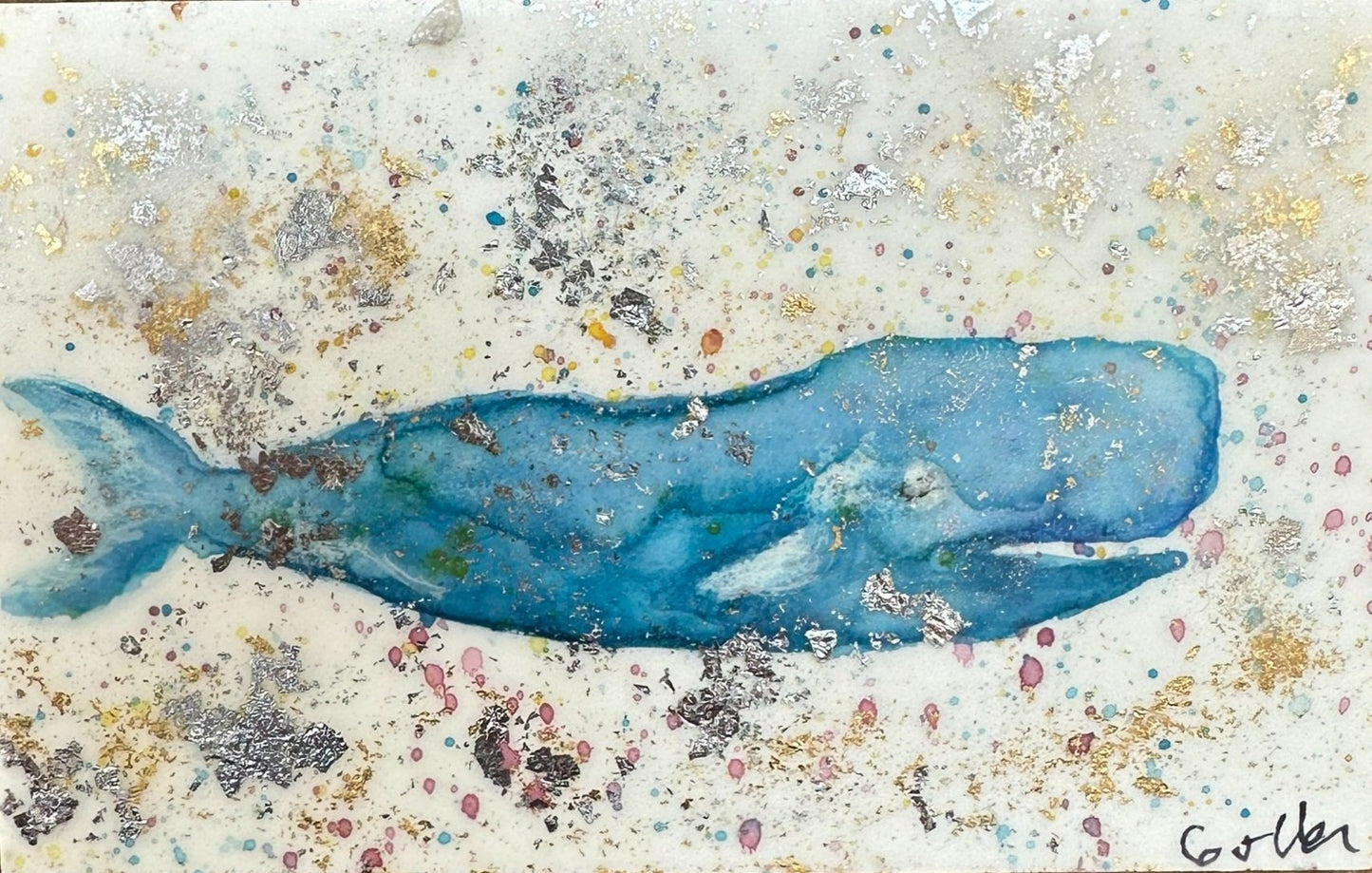 ***SOLD***Carrie Goller - Original Whale Miniature Painting 3 x 4.75 - Encaustic/Watercolor/Gold Leaf (at Bainbridge Island Museum of Art Gallery Store)