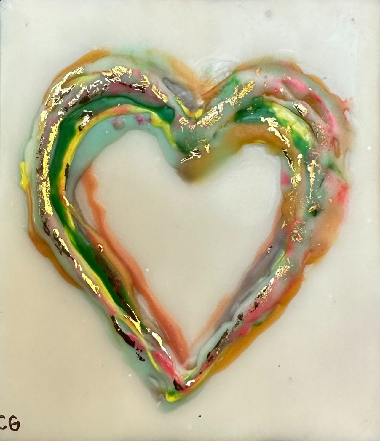 ***SOLD***Carrie Goller - Rainbow Heart on White with Gold Leaf, 4x3.5