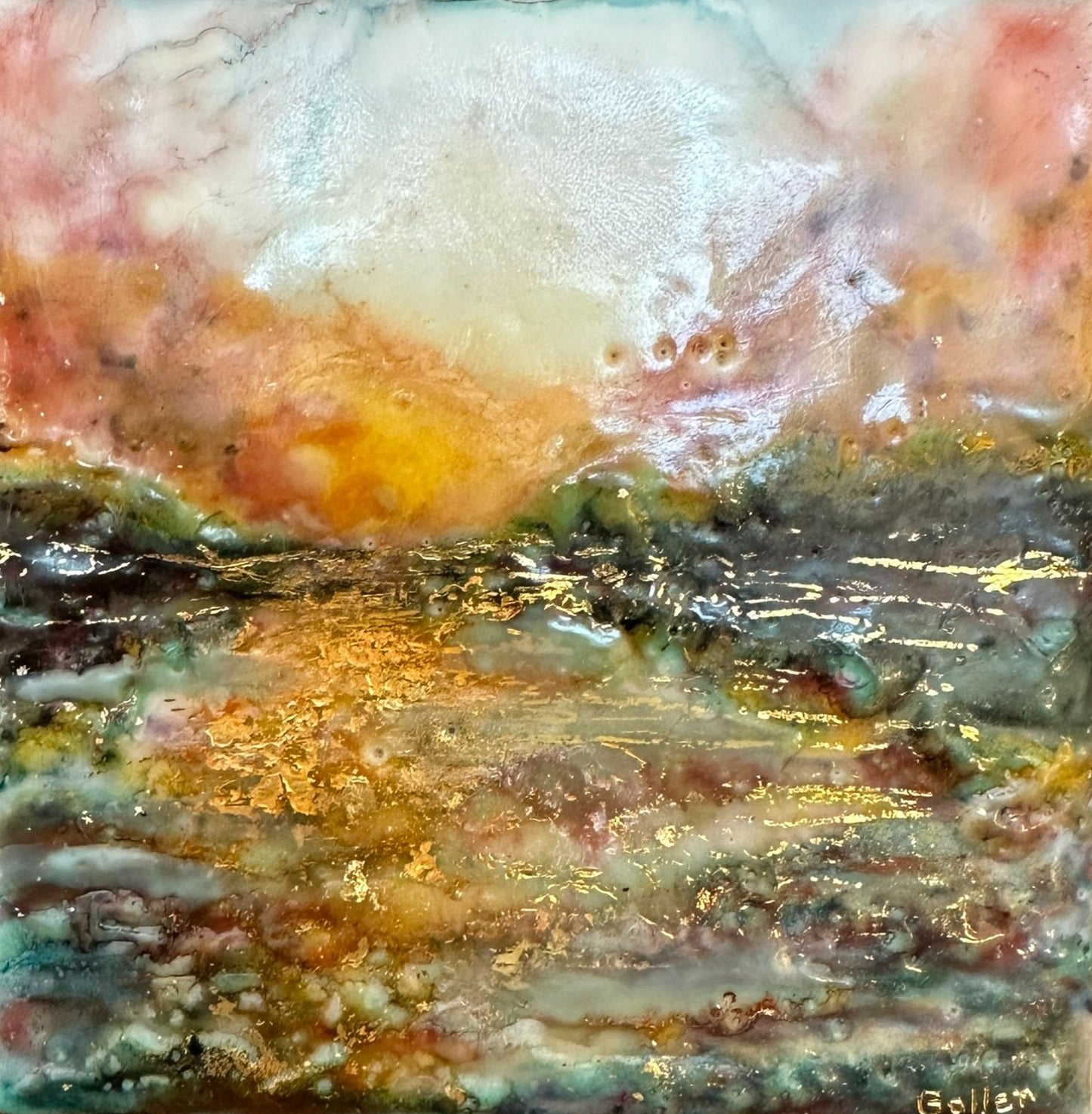 ***SOLD*** Carrie Goller - Hood Canal Mood V, Encaustic/Gold Leaf 5.25x5