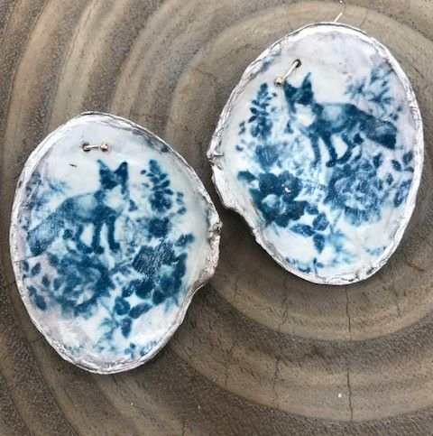 ***SOLD***Hood Canal Seashell Earrings - Blue Fox - Silver Trim - Carrie Goller