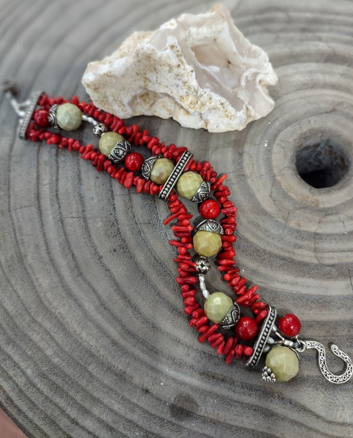 B840 Debra Saldivar - Bracelet Coral, Yellow Turquoise & Bali Silver