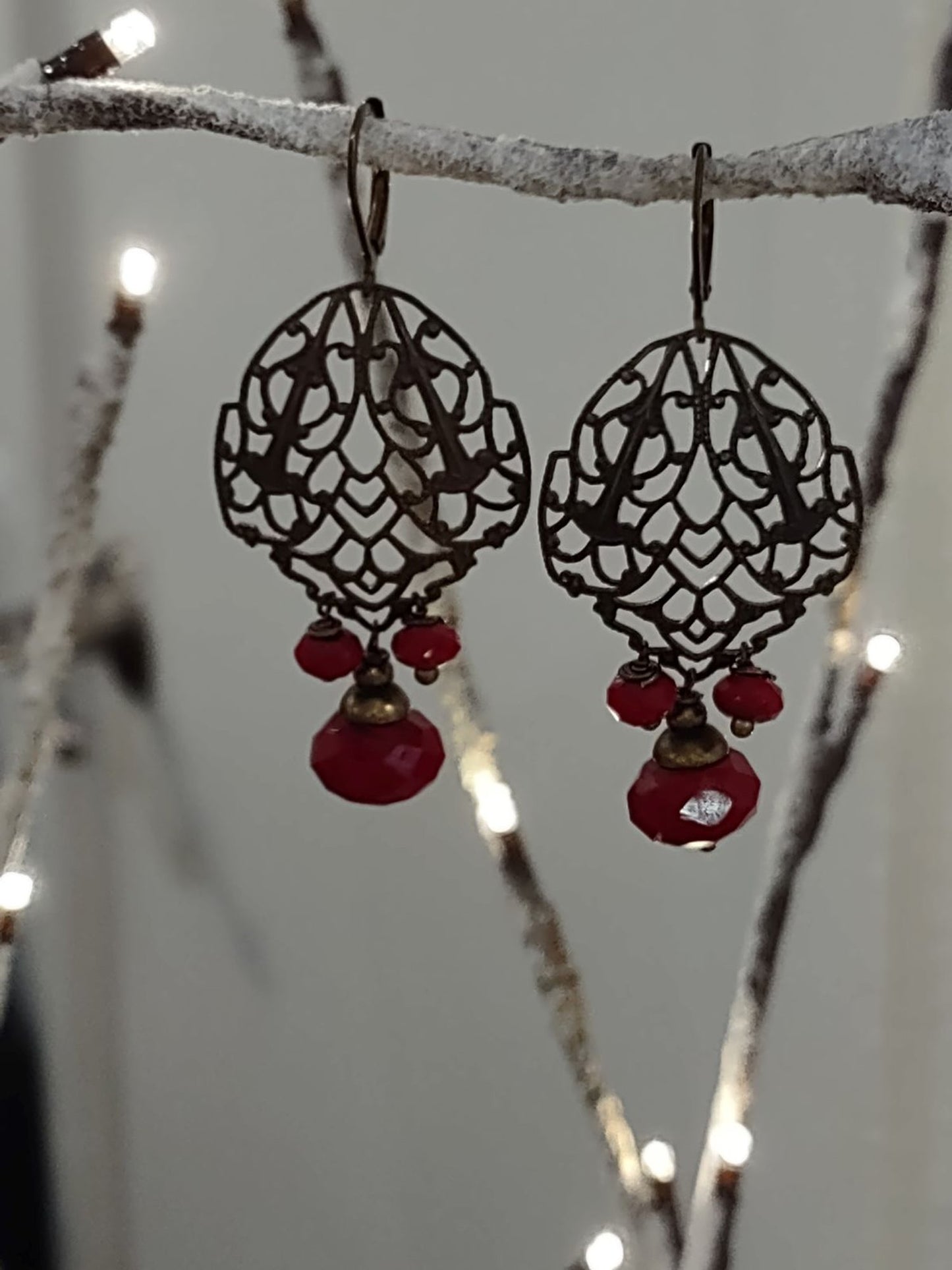 ***SOLD*** E1840 Debra Saldivar - Earrings Ruby Quartz & Ornate Brass SOLD
