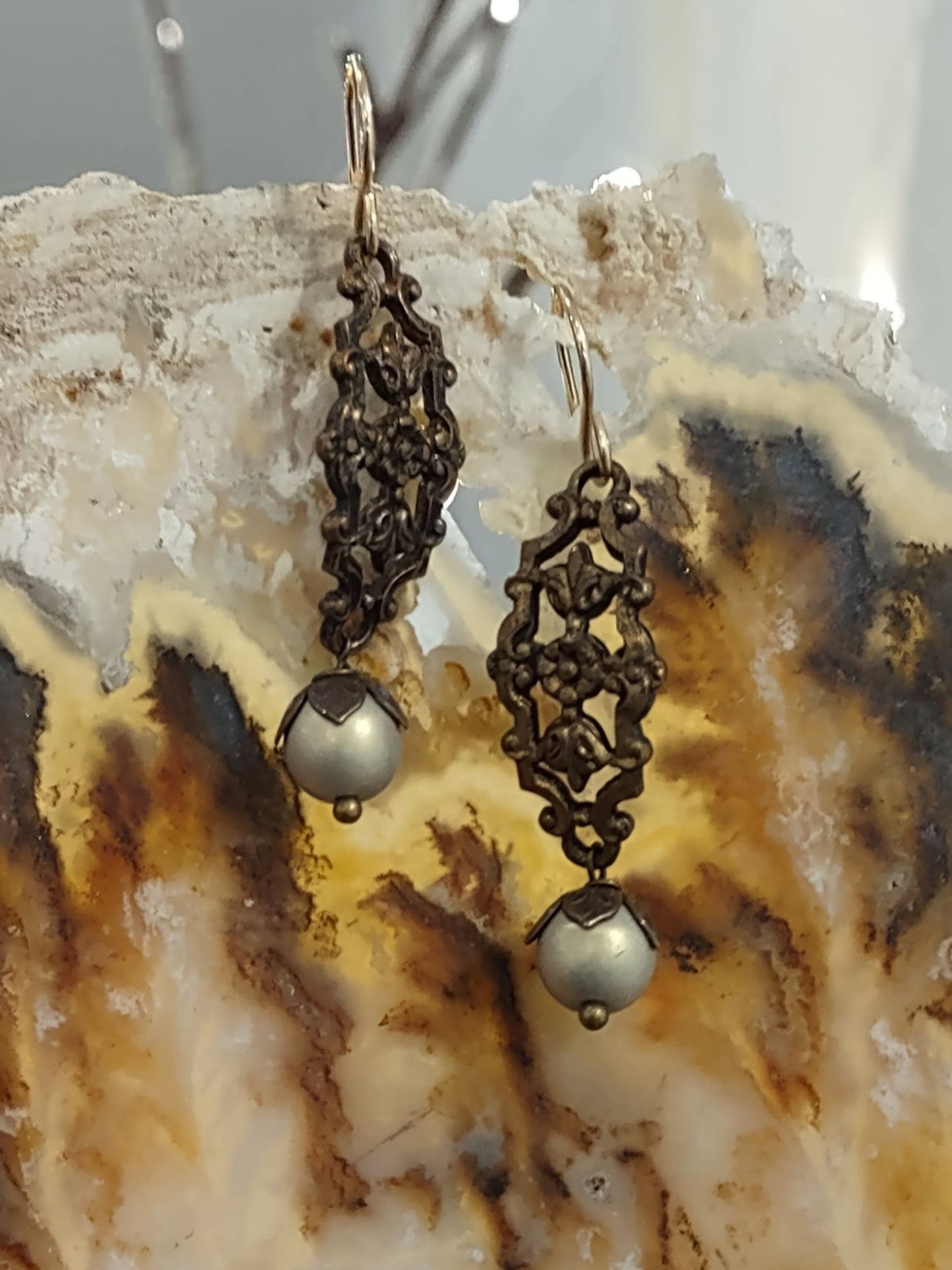 Available Upon Request - E404 Debra Saldivar - Earrings Glass & Ornate Brass