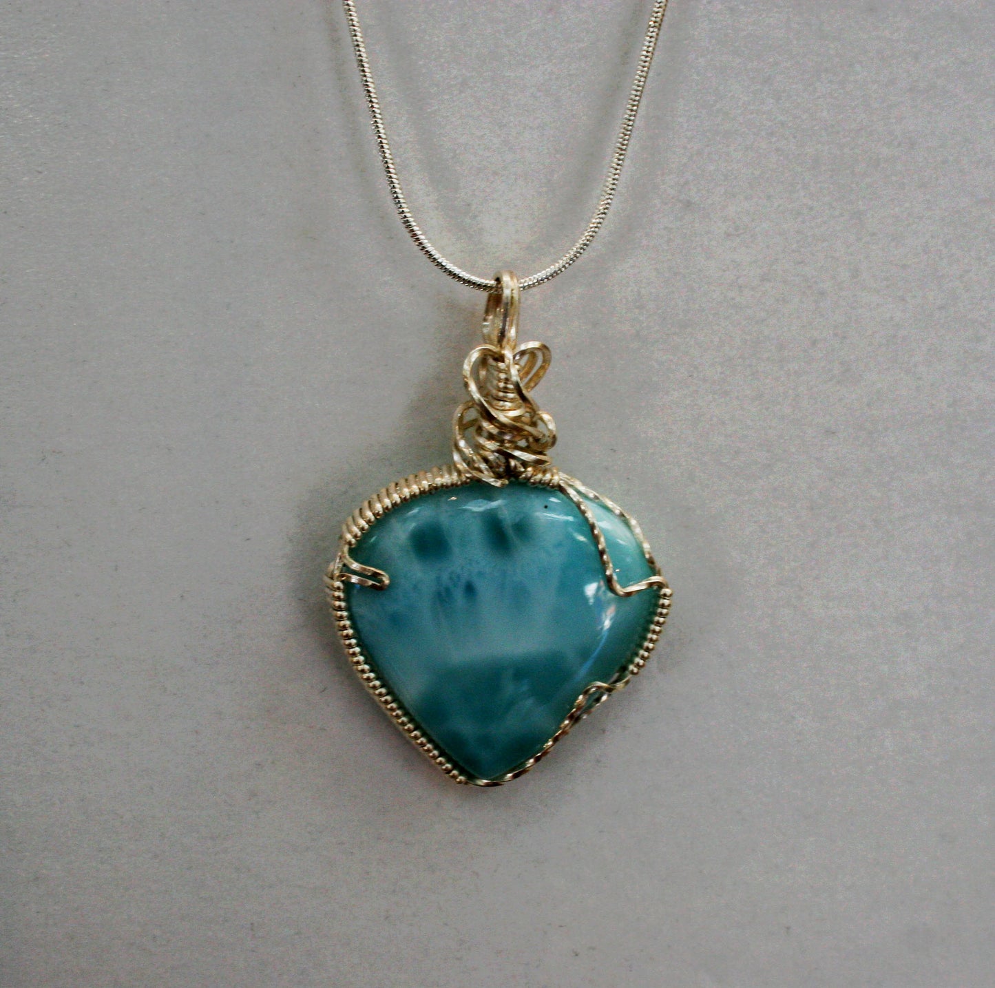 ***SOLD** LARIMAR - CHARLES GOLLER - sterling silver wire-wrapped Larimar crystal/gemstone pendant-necklace with sterling snake chain