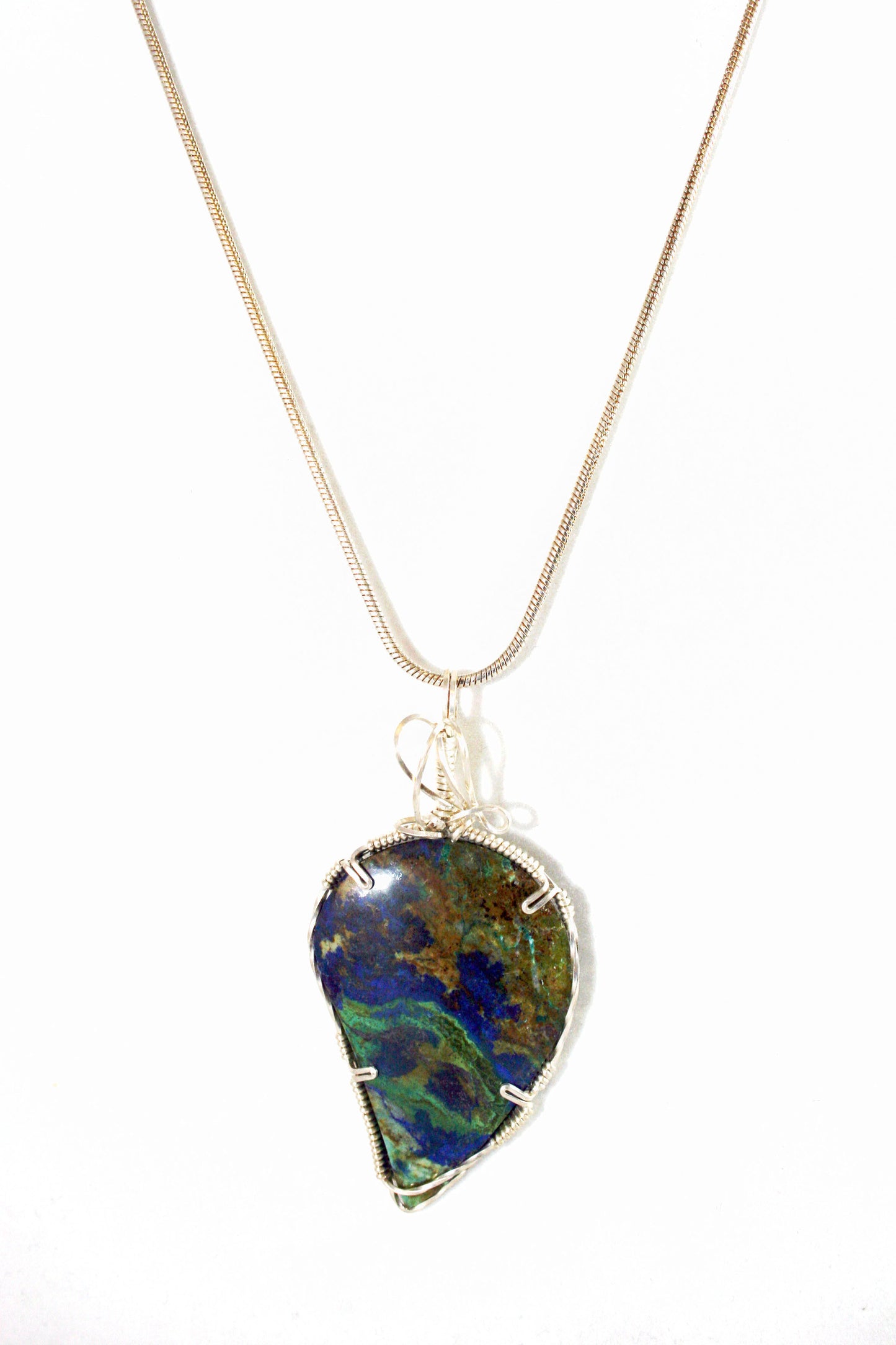 CHARLES GOLLER - Malachite Azurite sterling silver gold-filled wire-wrapped gemstone pendant-necklace with 30" petite ball chain