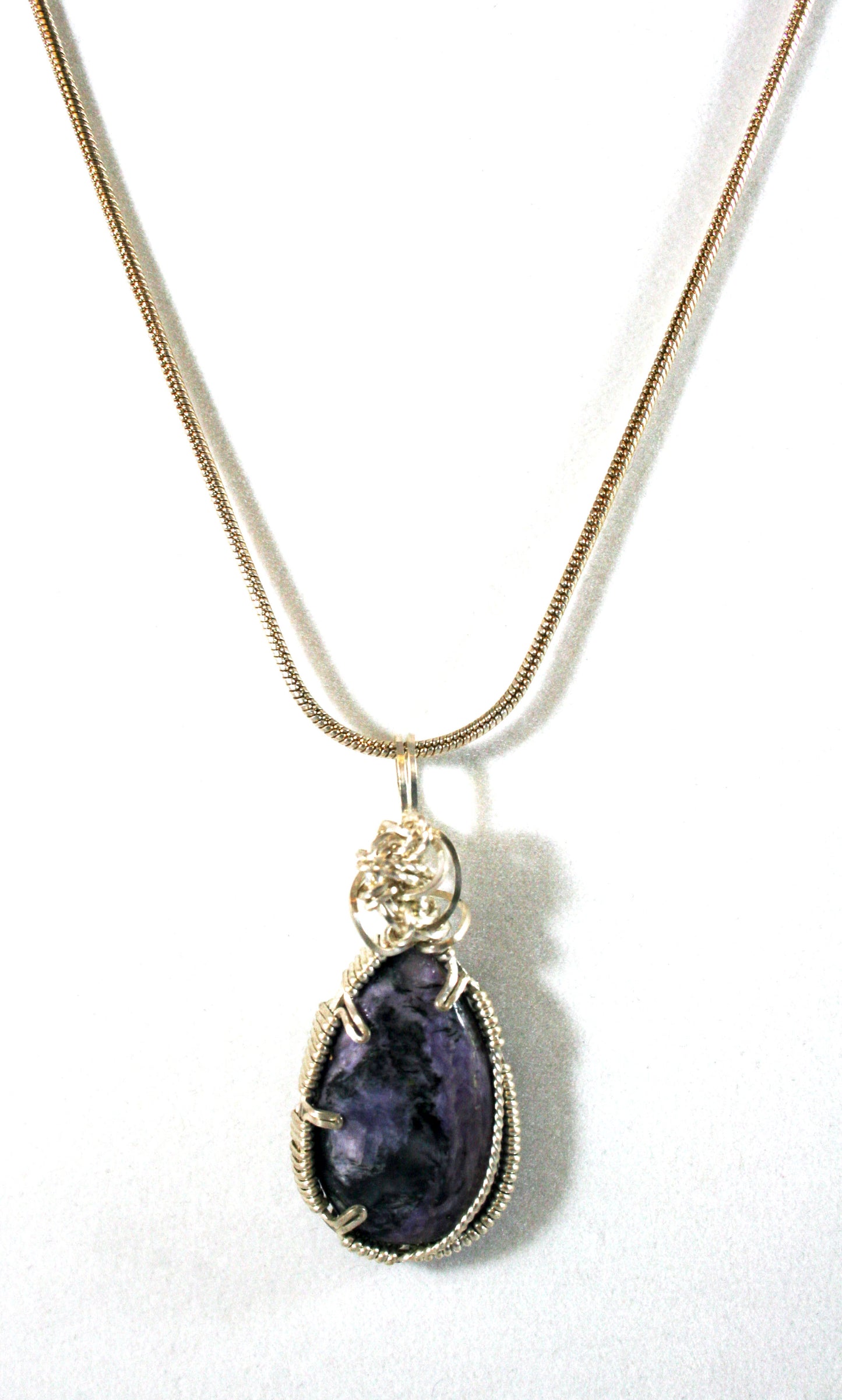 ***SOLD*** CHARLES GOLLER - Charoite sterling silver wire-wrapped crystal/gemstone pendant-necklace with sterling snake chain