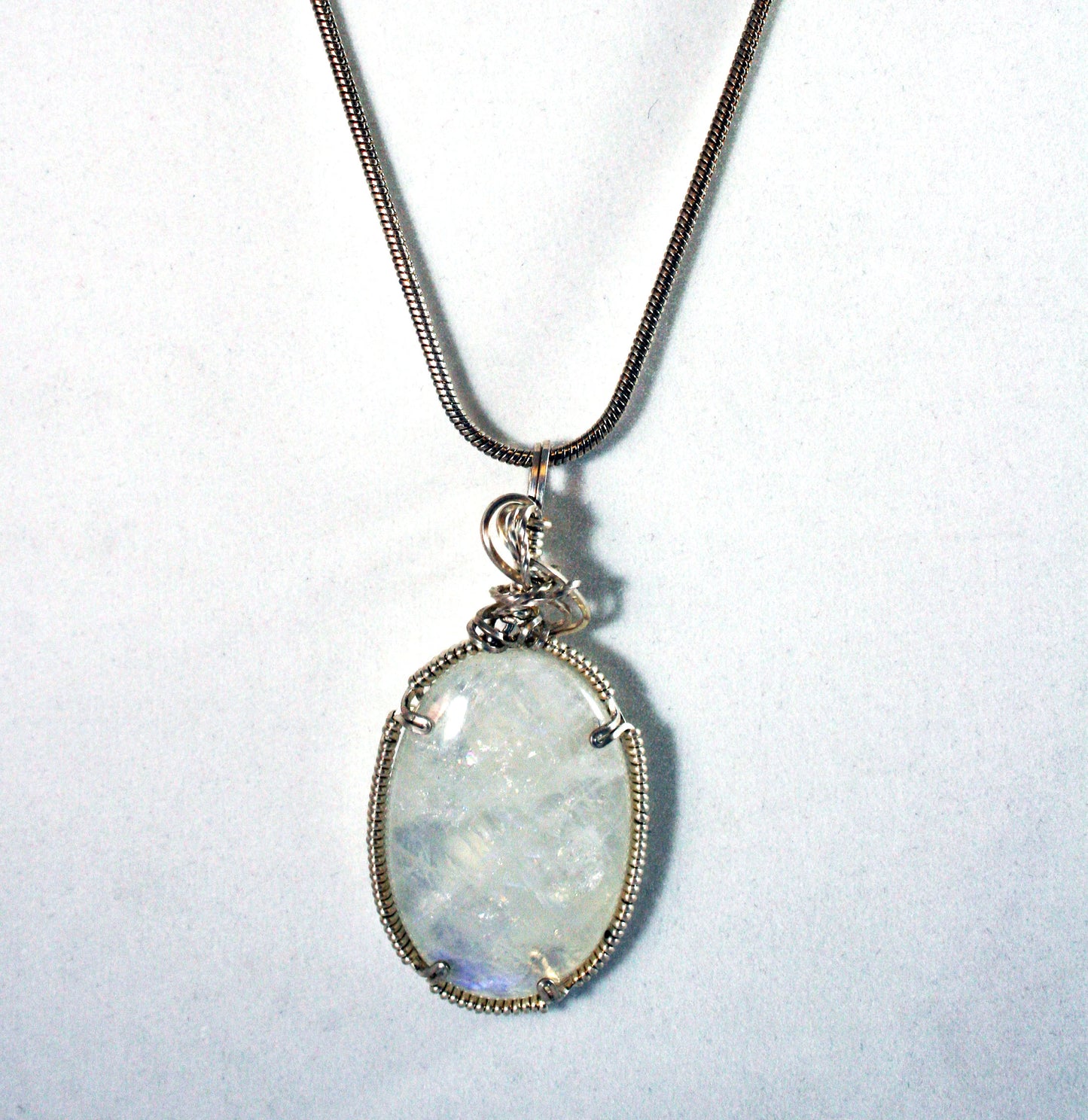 ***SOLD*** MOONSTONE - CHARLES GOLLER - sterling silver wire-wrapped crystal/gemstone pendant-necklace with sterling snake chain