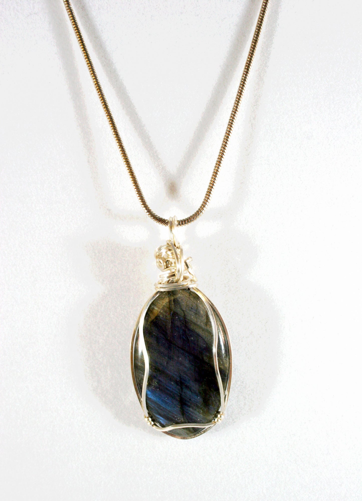 ***SOLD*** CHARLES GOLLER - Labradorite in sterling silver wire-wrapped crystal/gemstone pendant-necklace with sterling snake chain