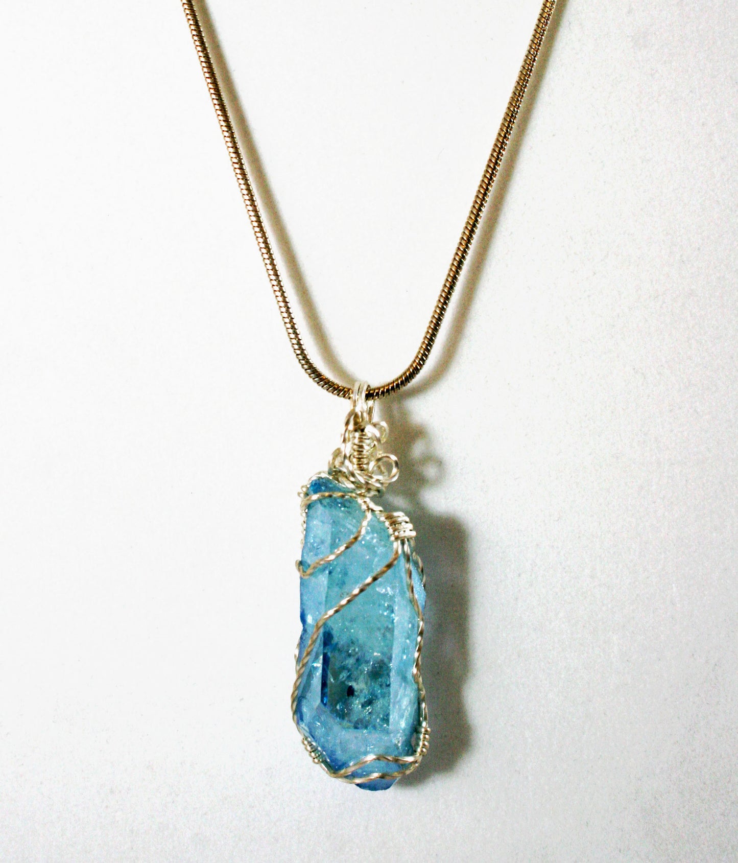 ***SOLD*** AQUA AURA QUARTZ - CHARLES GOLLER - sterling silver wire-wrapped crystal/gemstone pendant-necklace with sterling snake chain