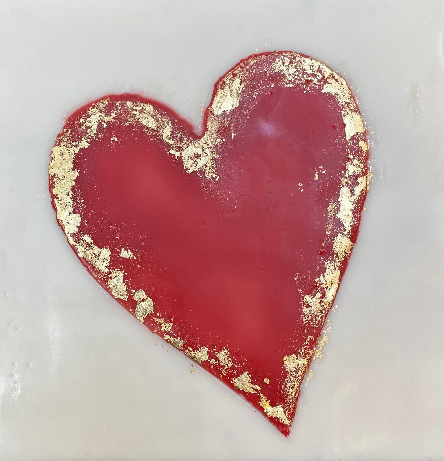 ***SOLD*** Carrie Goller - Red Heart on White with Gold Leaf, encaustic 7x7