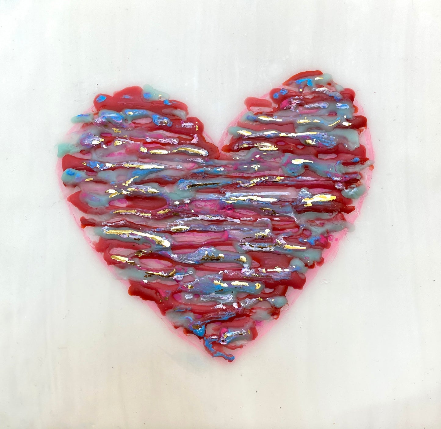 ***SOLD*** Carrie Goller - Multi Color Heart on White with Gold, encaustic 5.25x5