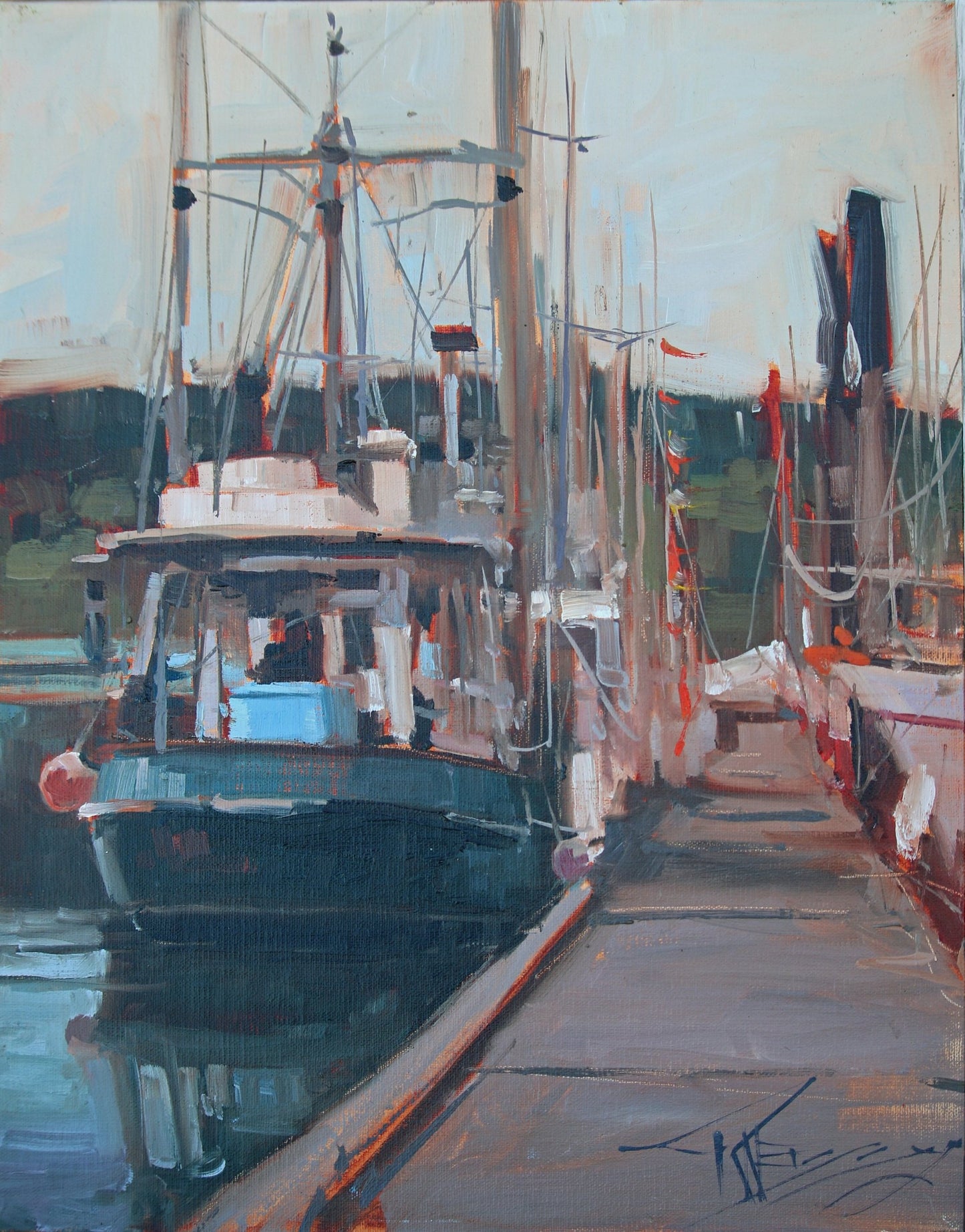 ROBIN WEISS -Working Dock, Poulsbo WA (New Day Fisheries boat), plein air oil, 14x11 (framed)