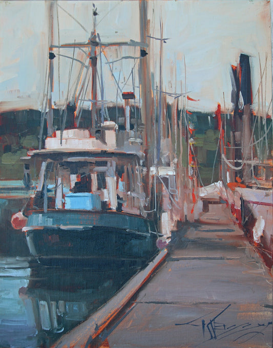 *** SOLD *** ROBIN WEISS -Working Dock, Poulsbo WA (New Day Fisheries boat), plein air oil, 14x11 (framed)