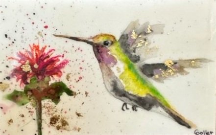 ***SOLD*** Carrie Goller - Original Green Hummingbird with Flower Miniature Painting 3 x 4.75 - Encaustic/Watercolor/Gold Leaf