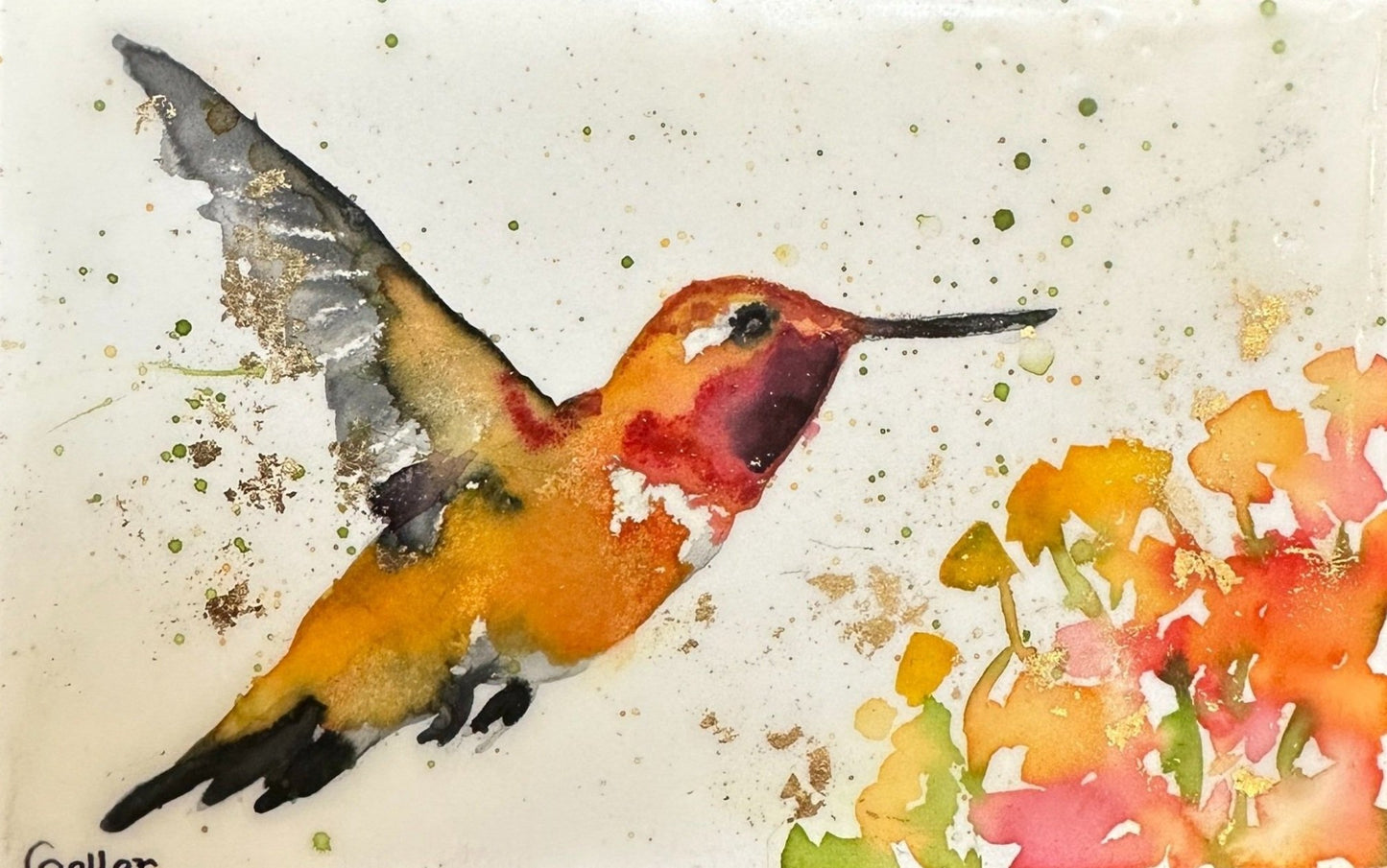 **SOLD** Carrie Goller - Original Orange Hummingbird with Flower Miniature Painting 3 x 4.75 - Encaustic/Watercolor/Gold Leaf