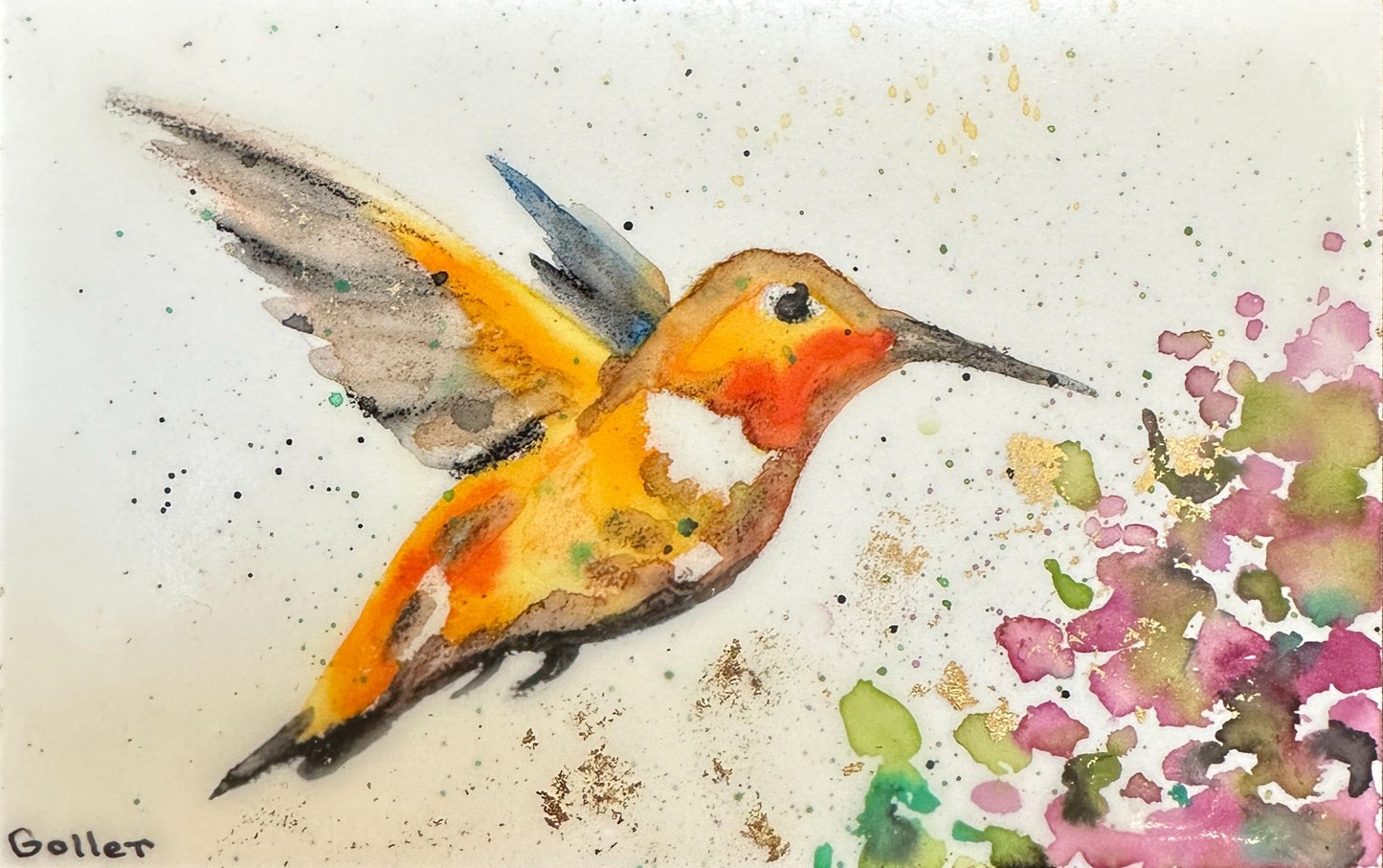 ***SOLD*** Carrie Goller - Original Orange Hummingbird with Flower Miniature Painting 3 x 4.75 - Encaustic/Watercolor/Gold Leaf