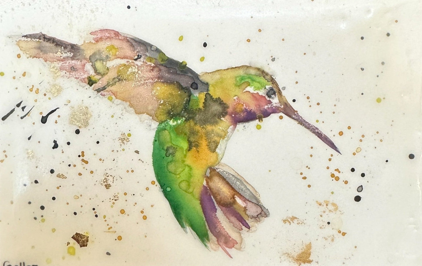 Prints available ***SOLD *** Carrie Goller - Original Green Hummingbird Miniature Painting 3 x 4.75 - Encaustic/Watercolor/Gold Leaf
